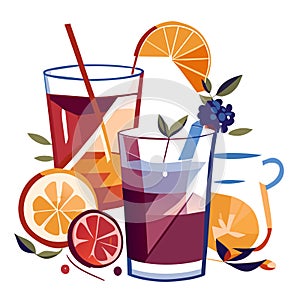 Set of glasses with mulled wine and ingredients. Alcoholic drinks beverages cocktails. Vector in flat style generative AI