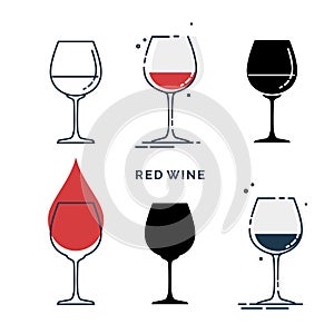 Set of glasses with red wine in different styles. Shot glass drinks. Template alcohol beverage for restaurant, bar, pub. Symbol