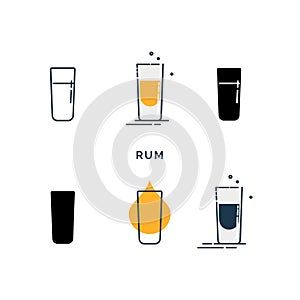 Set of glasses with rum in different styles. Shot glass drinks. Template alcohol beverage for restaurant, bar. Symbol party.