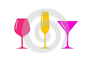 Set of glasses silhouettes,beverage goblets.Alcohol drink icons on a white background.Simple logos.Shape basis for the design.