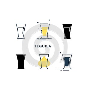 Set of glasses with tequila in different styles. Shot glass drinks. Template alcohol beverage for restaurant, bar. Symbol party.