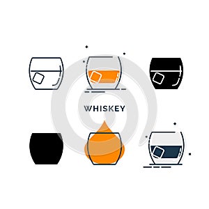 Set of glasses with whiskey in different styles. Shot glass drinks. Template alcohol beverage for restaurant, bar. Symbol party.