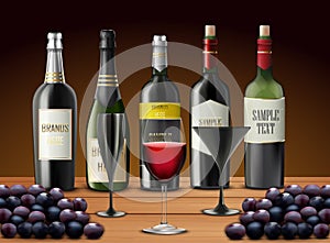 Set of glasses wine and champagne bottles