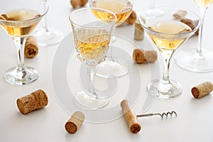 Set of glasses of yellow wine at wine tasting