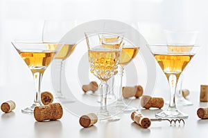 Set of glasses of yellow wine at wine tasting
