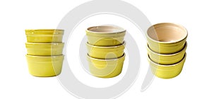 Set of glazed ceramic pots for cooking isolated