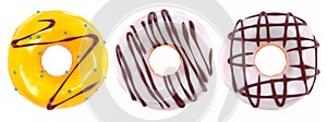 Set of glazed donuts with sprinkles on a white background