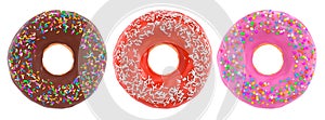 Set of glazed donuts with sprinkles on a white background