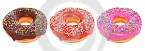 Set of glazed donuts with sprinkles on a white background