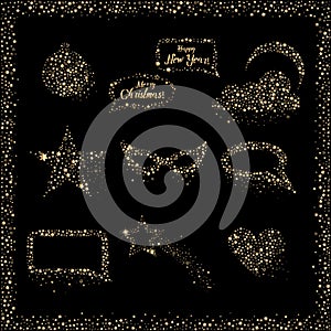 Set of glitter Christmas Modern Icons stickers in Black and Gold Colors. Vector Illustration. Holiday Signs and Symbols