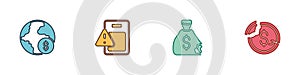 Set Global economic crisis, , Money bag and Dollar rate decrease icon. Vector