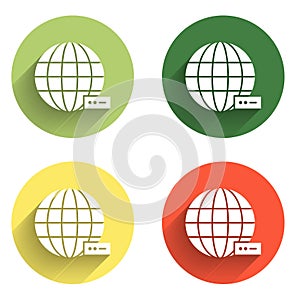 Set Global technology or social network icon isolated with long shadow background. Color circle button. Vector