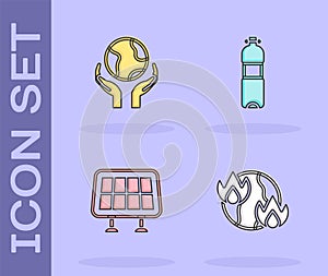 Set Global warming fire, Hands holding Earth globe, Solar energy panel and Bottle of water icon. Vector