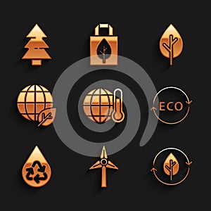 Set Global warming, Wind turbine, Recycle and leaf, Label for eco healthy food, clean aqua, Earth globe, Tree and