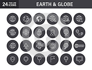 Set of Globe and earth planet web icons in line style. Navigational Equipment, Planet Earth, Airplane, Map. Vector illustration