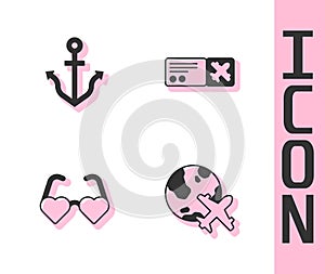 Set Globe with flying plane, Anchor, Heart shaped love glasses and Airline ticket icon. Vector
