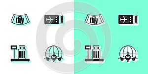 Set Globe with flying plane, Conveyor belt suitcase, Scale and Airline ticket icon. Vector