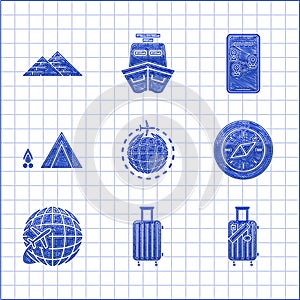 Set Globe with flying plane, Suitcase for travel, and stickers, Compass, Tourist tent wood fire, Infographic of city map