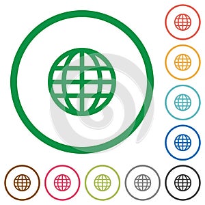 Set of globe round outlined flat icons on white background