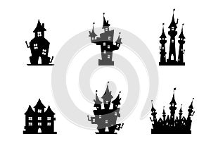 A set of gloomy black castles and houses of different shapes, with different shapes of towers, floors, halloween