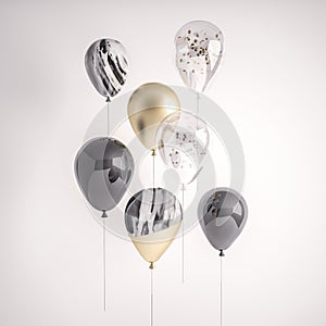 Set of glossy black, transparent with confetti, gold, black and white marble 3D realistic balloons on the stick for party, events,