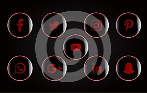 A set of glossy buttons with social network icons on a black background. vector illustration