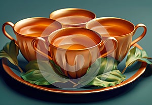 Set of glossy golden teacups with green leaves