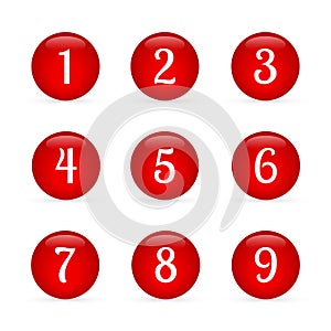 Set of glossy round buttons with numbers from 1 to 9. Red glass buttons isolated on white. Numbered badges vector icons. 3d keys