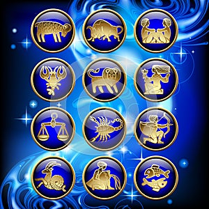 Set of glossy round zodiac icons with gold linear symbols on blu