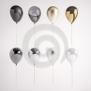 Set of glossy and satin black, white, golden, silver 3D realistic balloons on the stick for party, events, presentation or other p