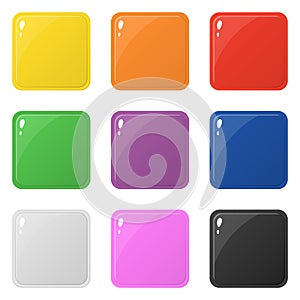 Set of 9 glossy square colorful buttons isolated on white. Vector illustration for design, game, web.
