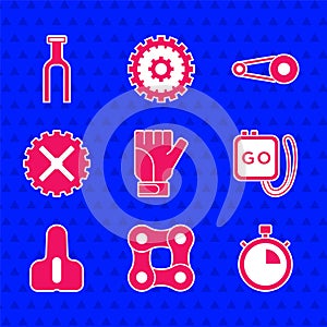 Set Gloves, Bicycle chain, Stopwatch, seat, sprocket crank, with gear and fork icon. Vector