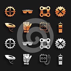 Set Gloves, Bicycle sprocket crank, Sport bottle with water, Stopwatch, helmet, chain, and cycling sunglasses icon