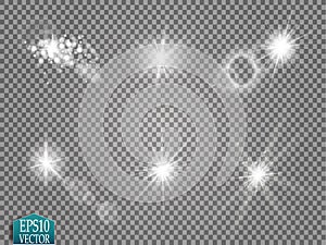 Set of glow light effect stars bursts with sparkles on transparent background. For illustration template art