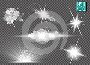 Set of glow light effect stars bursts with sparkles on transparent background. For illustration template art