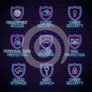 Set of glow neon secure signs. Internet protection technology glowing symbols collection. Vector illustration