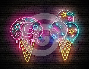 Set of Glow Signboards with Different Ice Cream in Waffle Cones