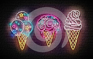 Set of Glow Signboards with Different Ice Cream in Waffle Cones