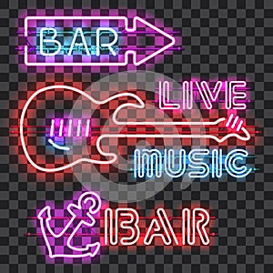 Set of glowing bar neon signs