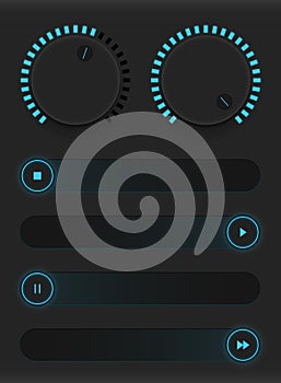 Set of glowing blue buttons and sliders. Neon style. Control user interface. Rubber and metal switches. Adding and decreasing the photo