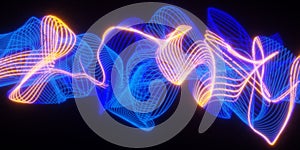 Set of glowing blue and orange twirling mesh array lines on black background, abstract modern data visualisation, science,