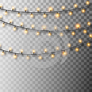 Set of glowing Christmas lights. Christmas garland lights. Decorative realistic bulbs. Holiday decor set of garlands with shadows