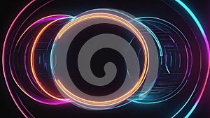 Set of glowing neon color circles round curve shape with wavy dynamic lines