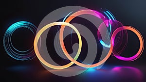 Set of glowing neon color circles round curve shape with wavy dynamic lines