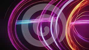 Set of glowing neon color circles round curve shape with wavy dynamic lines