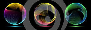 Set of glowing neon color circles round curve shape with wavy dynamic lines isolated on black background