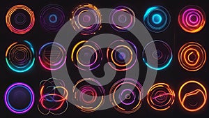 Set of glowing neon color circles round curve shape with wavy dynamic lines isolated on black background technology concept.