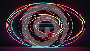 Set of glowing neon color circles round curve shape with wavy dynamic lines isolated on black background technology concept. Circu