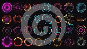 Set of glowing neon color circles round curve shape with wavy dynamic lines isolated on black background technology concept. Circu