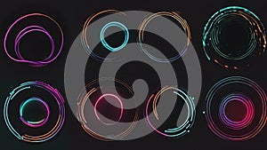 Set of glowing neon color circles round curve shape with wavy dynamic lines isolated on black background technology concept. Circu